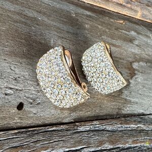 Roman vintage signed gold tone pave rhinestone curved clip earrings